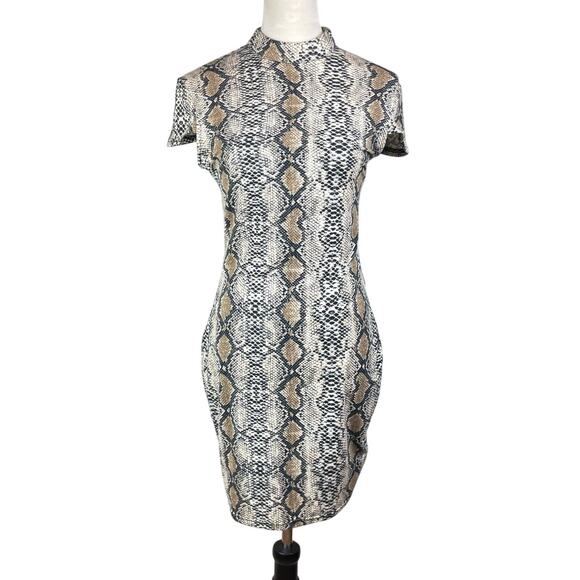 I.AM.GIA Snakeskin Form Fitting Short Cap Sleeves Band Collar Zip Up Mini Dress - Picture 1 of 11